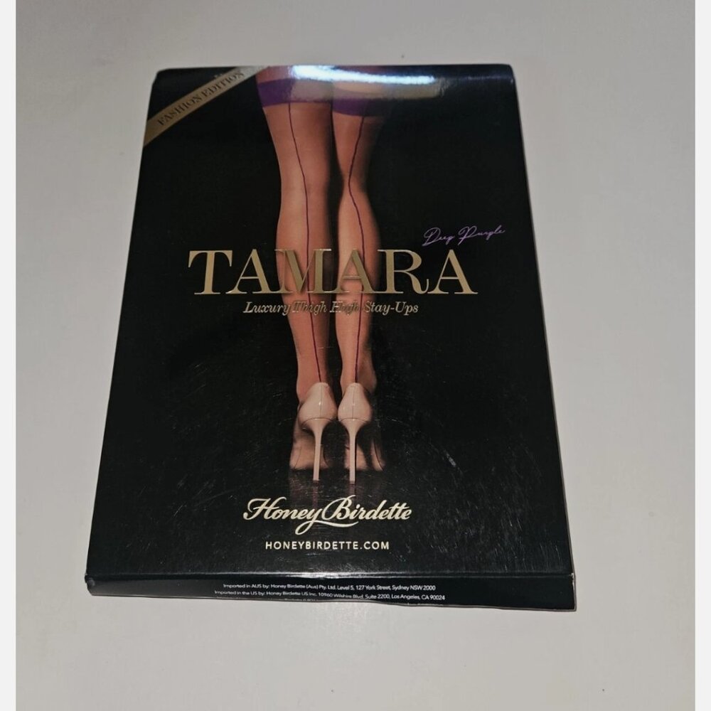 Honey Birdette Tamara Deep Purple Stockings Luxury Thigh High Stay Ups new